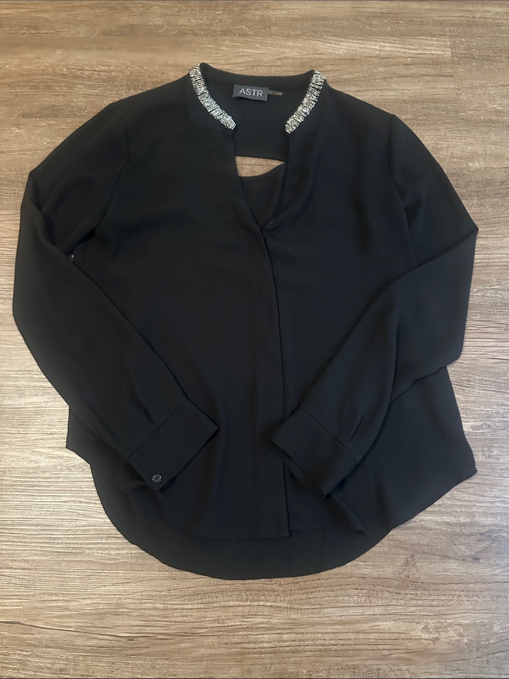 ASTR Black Blouse with Jeweled Collar and Keyhole